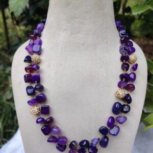 Double-Stranded agate unshaped beads & Crystal stone Bead Necklace