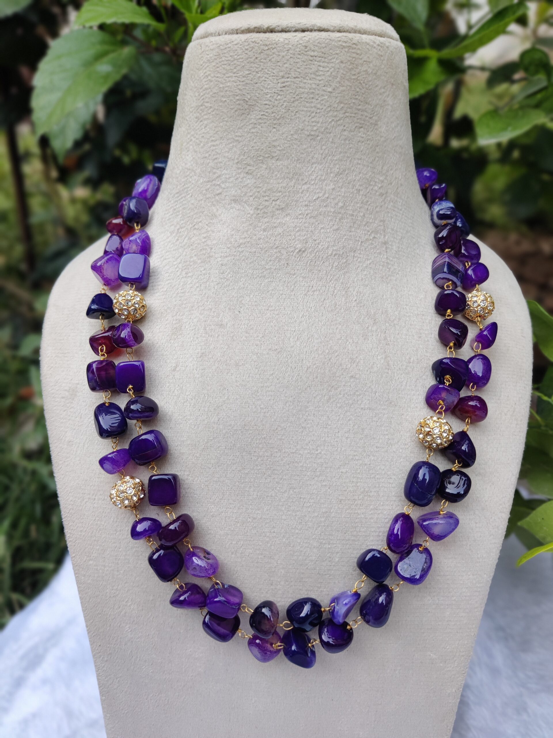 Double-Stranded agate unshaped beads & Crystal stone Bead Necklace