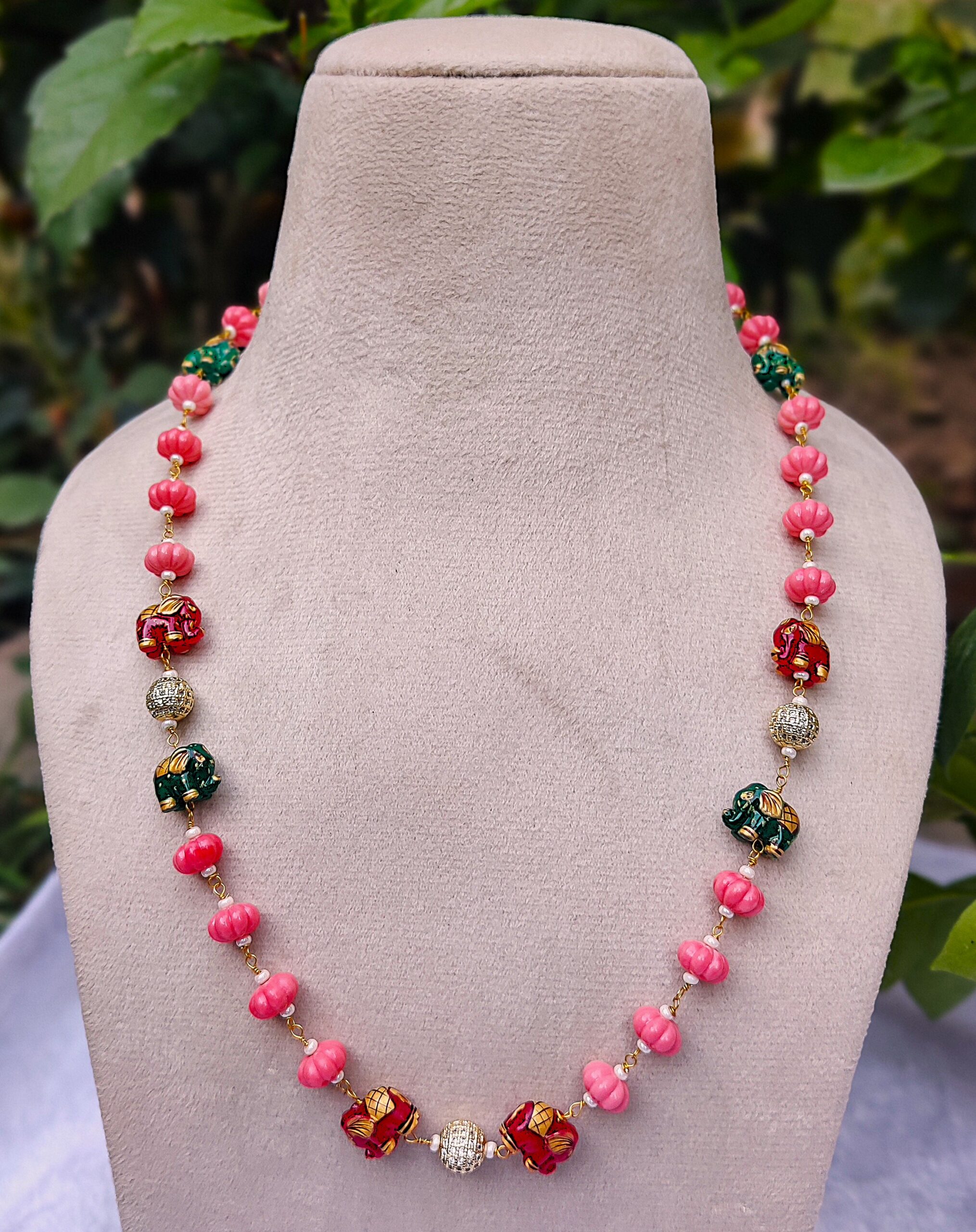 ceremic coreal beads and  Elephant Charm Necklace