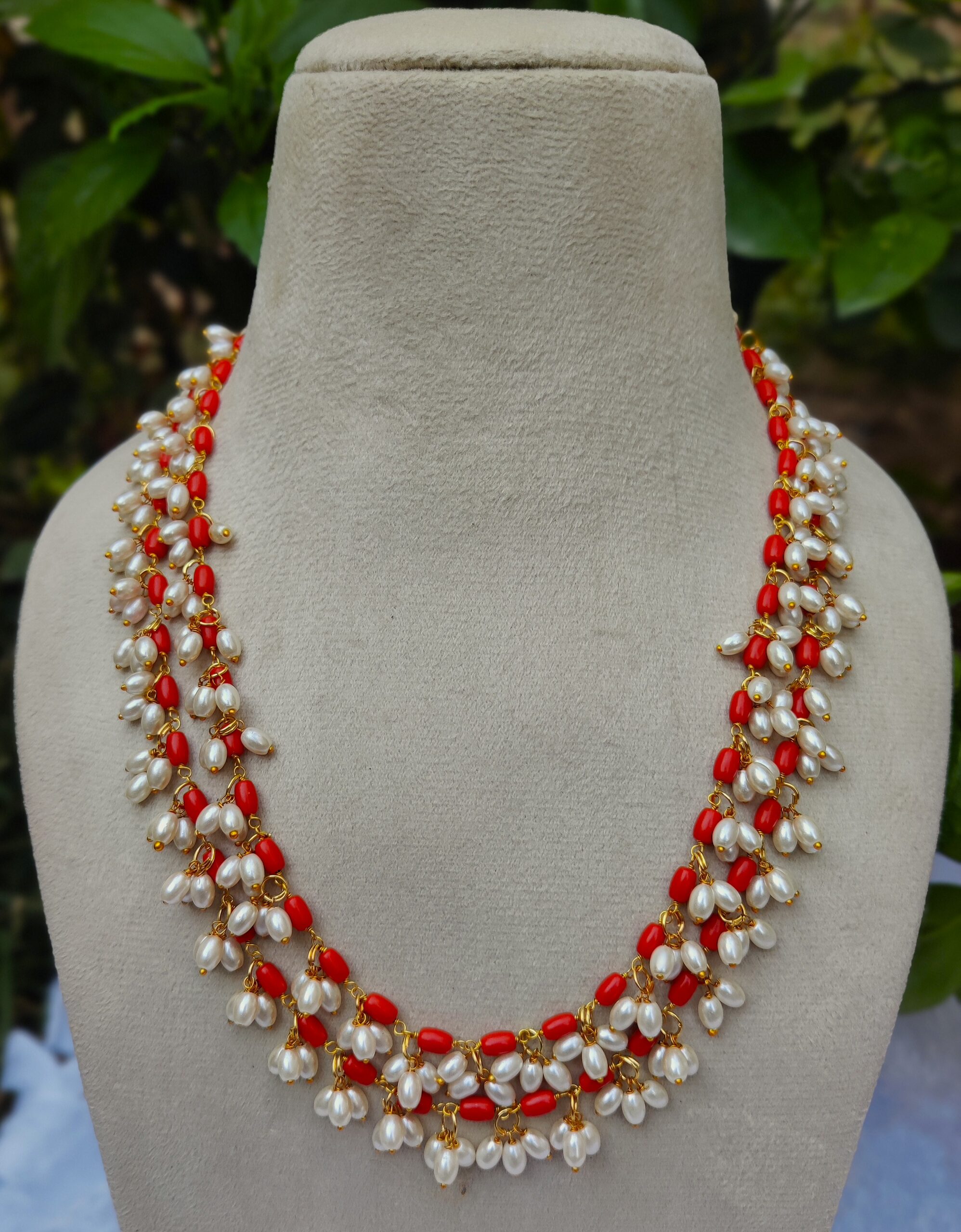 tiwan coral  & Pearl Layered Necklace