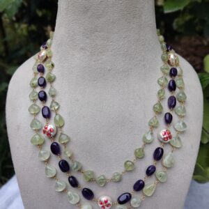 Three-Strand Greeen aventurian and amethyst Beaded Necklace