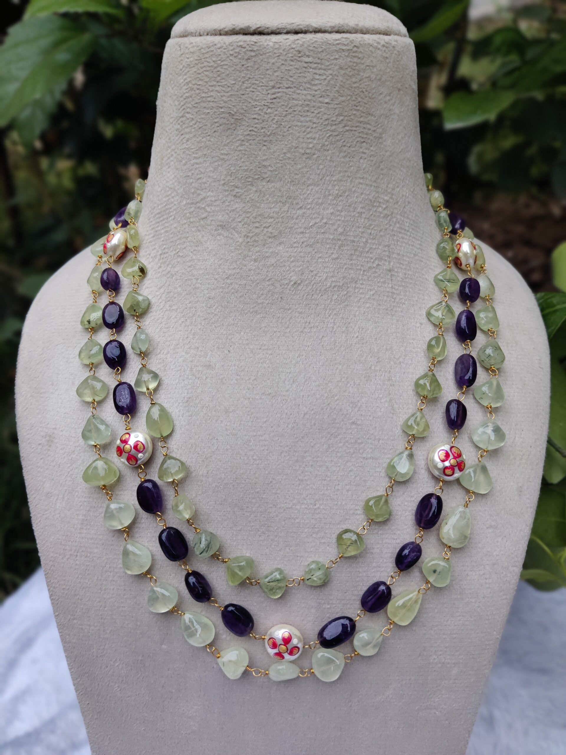 Three-Strand Greeen aventurian and amethyst Beaded Necklace