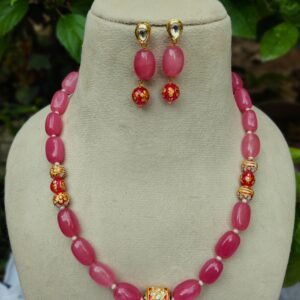 Red quartz & Gold hand pantind pearl Beaded Necklace with Matching Earrings